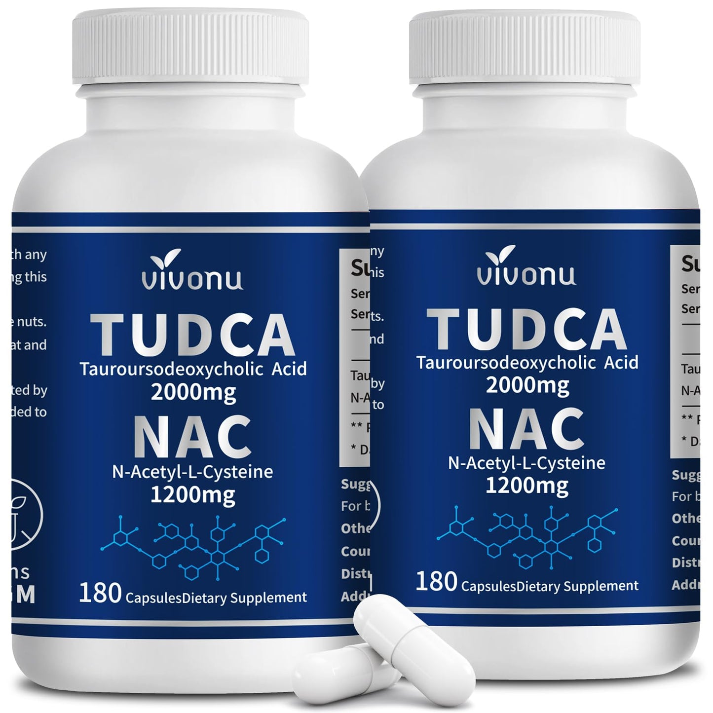 VivoNu TUDCA 675mg + NAC 375mg Supplement Complex Capsules, Powerful TUDCA Bile Salt + N Acetyl Cysteine, Antioxidant Supplements for Liver & Lung& Gallbladder Cleanse, Digestion - 180 Capsules