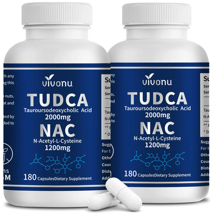 VivoNu TUDCA 675mg + NAC 375mg Supplement Complex Capsules, Powerful TUDCA Bile Salt + N Acetyl Cysteine, Antioxidant Supplements for Liver & Lung& Gallbladder Cleanse, Digestion - 180 Capsules
