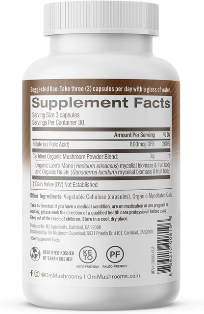 OM MUSHROOM SUPERFOOD Brain Fuel Mushroom Powder Capsules Superfood Supplement, 90 Count, 30 Days, Lion's Mane, Reishi Blend Plus Folate, Mental Clarity, Mushroom Supplement