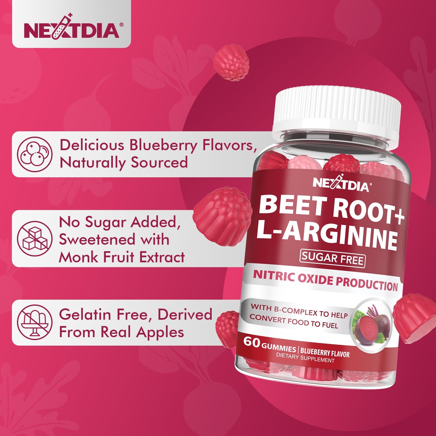 Beet Root Gummies, 9 IN 1 Nitric Oxide Supplements for Men & Women w/ L-Arginine, B1, B2, B3, B5, B6, Folate, B12, Sugar Free Beetroot Gummies for Energy Boost & Circulation, 120 Beet Chews, Vegan