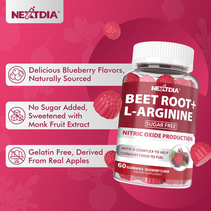 Beet Root Gummies, 9 IN 1 Nitric Oxide Supplements for Men & Women w/ L-Arginine, B1, B2, B3, B5, B6, Folate, B12, Sugar Free Beetroot Gummies for Energy Boost & Circulation, 120 Beet Chews, Vegan