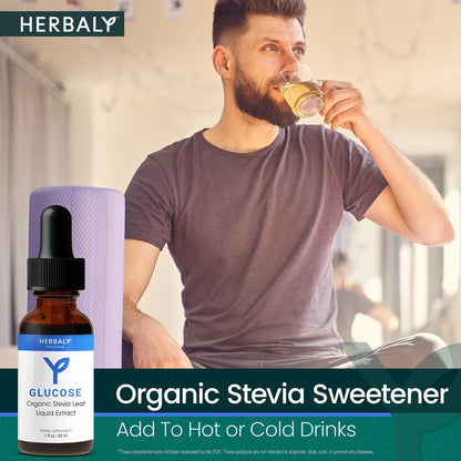 Herbaly Glucose Organic Stevia Leaf Sweetener - Antioxidant Rich Blend - Balanced Systems & Energy- Natural Wellness - Delicious Daily Sweetness For Tea, Coffee, & More - Vegan Formula - 1 fl oz