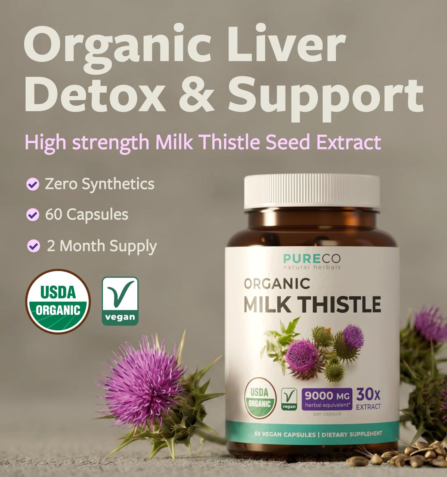 USDA Organic Milk Thistle Capsules - 80% Silymarin Supplement for Liver Support- Super Concentrated 300mg of 30:1 Milk Thistle Extract Equivalent to 9,000mg - Milk Thistle Liver Detox 60 Day Supply