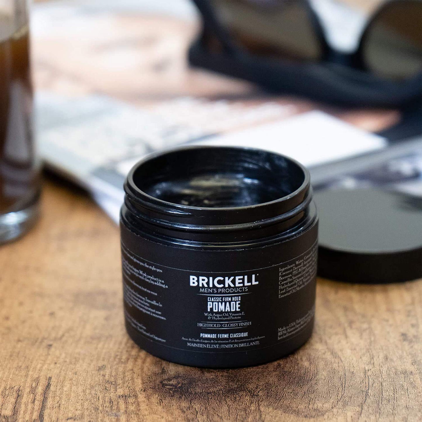 Brickell Men's Hair Styling Firm Hold Pomade for Men, Strong Hold & High Shine Finish Pomade With Hydrolyzed Quinoa, Vitamin E, and Aloe, 2 Ounces, Scented