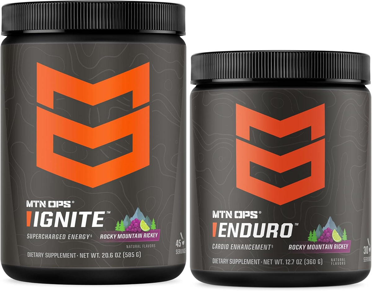 MTN OPS Ignite + Enduro Rocky Mountain Rickey Bundle, 45-Serving Energy Powder + Nitric Oxide Endurance Stack, 200mg Caffeine Pre Workout + Stimulant-Free Performance