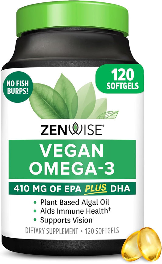 Zenwise Health Vegan Omega 3 Supplement, Algae Oil, EPA DHA - 120 CT | 120 Softgels, Plant-based Fish Oil Alternative, 510mg EPA DHA DPA, Algal Oil, Sustainably Sourced, Burpless, Non-GMO, Vegan