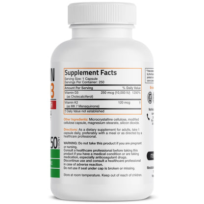 Bronson Vitamin K2 D3 (MK7) Extra Strength D3 & K2 Complex, 120 Capsules | Bone, Immune & Heart Health Support, Gluten Free, Soy Free, Non-GMO, Vitamin D3 10,000IU (250 mcg) & 120 mcg K2 MK-7
