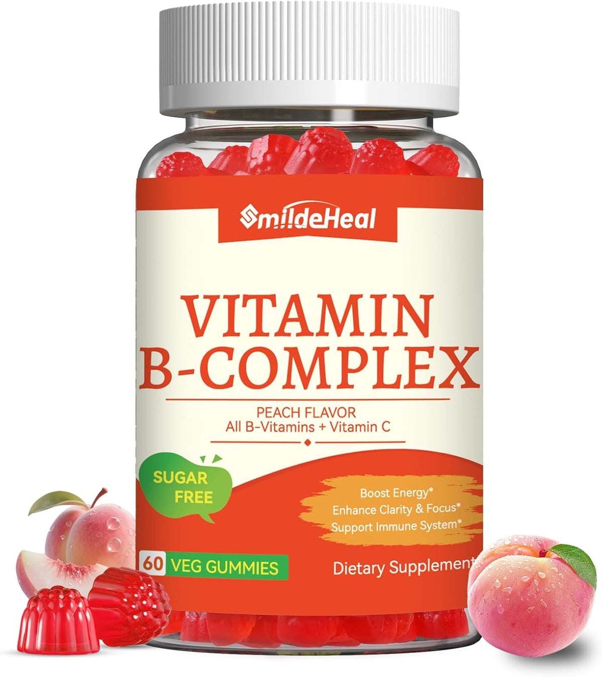 Vitamin B Complex Gummies for Women & Men - All B Complex & B12 - 60 Gummy | Vitamin B12, B1, B2, B3, B5, B6, B7 & B9 with Vitamin C & Choline - Energy & Immune Support* - Vegan, Peach Flavor