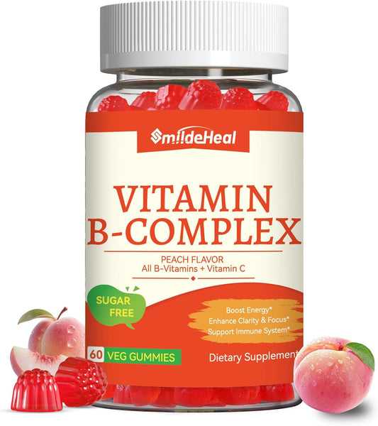 Vitamin B Complex Gummies for Women & Men - All B Complex & B12 - 60 Gummy | Vitamin B12, B1, B2, B3, B5, B6, B7 & B9 with Vitamin C & Choline - Energy & Immune Support* - Vegan, Peach Flavor