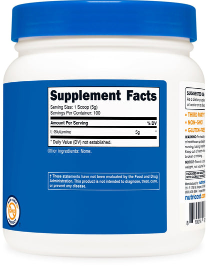 Nutricost L-Glutamine Powder (500 Grams) Unflavored - Gluten Free & Non-GMO, 100 Servings