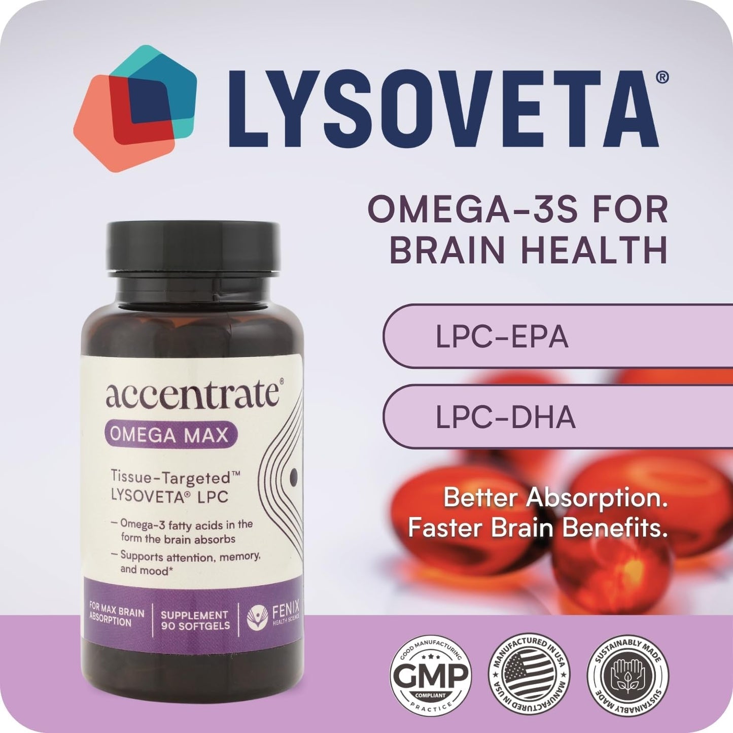Omega Max w/LYSOVETA | High Potency LPC & Lyso-DHA Omega-3 Supplement | Brain Health, Focus & Mood | 6X Higher Absorption | Fish oil in the form the brain actually takes up, not just what the bloodstream carries. Supports focus and memory.