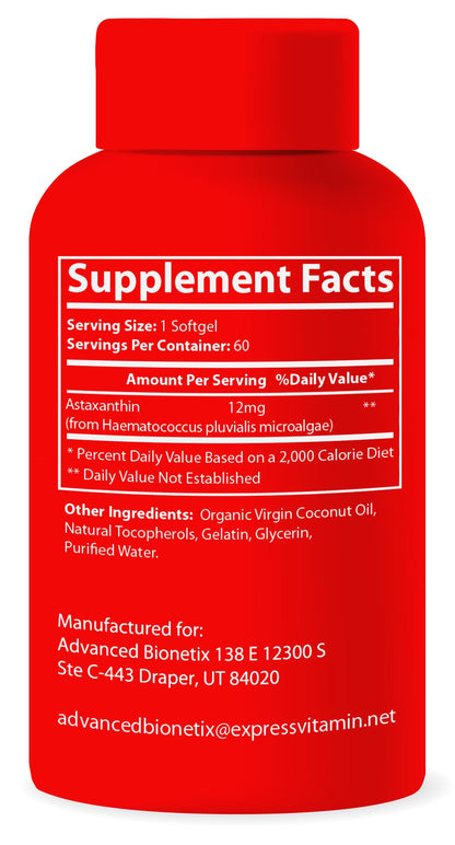 Advanced Bionetix Triple Strength AstaQuil™ Astaxanthin 12mg High Bioavailability Formula, 60 Softgels Organic Coconut Oil for Enhanced Absorption. Powerful Antioxidant for Eye, Joint & Heart Health