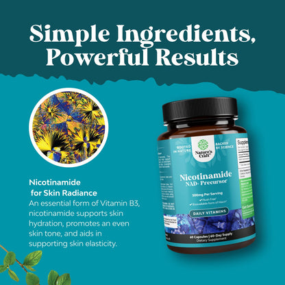 Vitamin B3 Niacinamide 500mg Capsules - Mitochondrial Energy and Potent Skin Supplement - Vitamin B3 Niacin Flush Free and Nicotinamide 500mg - Flush Free Niacin Supplement - 60 Count