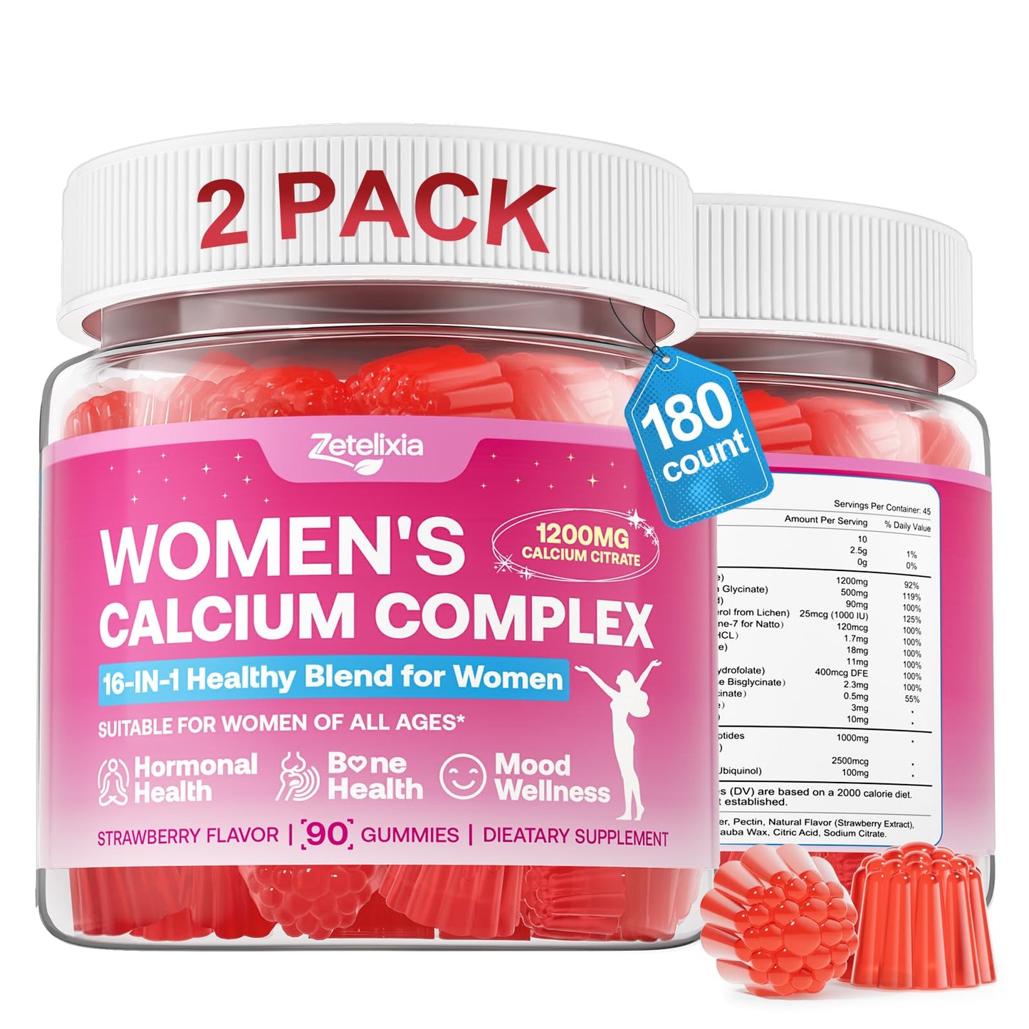 Calcium Gummies for Women, Calcium Citrate 1200mg with Vitamin D3 K2, Collagen & Biotin, B0ne, Teeth, Immune & Hormone Support, Sugar Free, Non-GMO, Gluten-Free, Strawberry Flavor, 90 Count