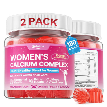 Calcium Gummies for Women, Calcium Citrate 1200mg with Vitamin D3 K2, Collagen & Biotin, B0ne, Teeth, Immune & Hormone Support, Sugar Free, Non-GMO, Gluten-Free, Strawberry Flavor, 90 Count