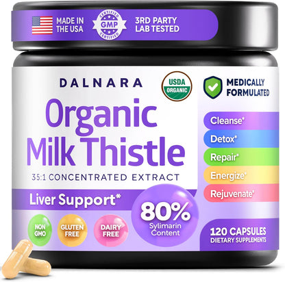 USDA Organic Milk Thistle | 80% Silymarin Flavonoids | 35:1 Extract | 120ct