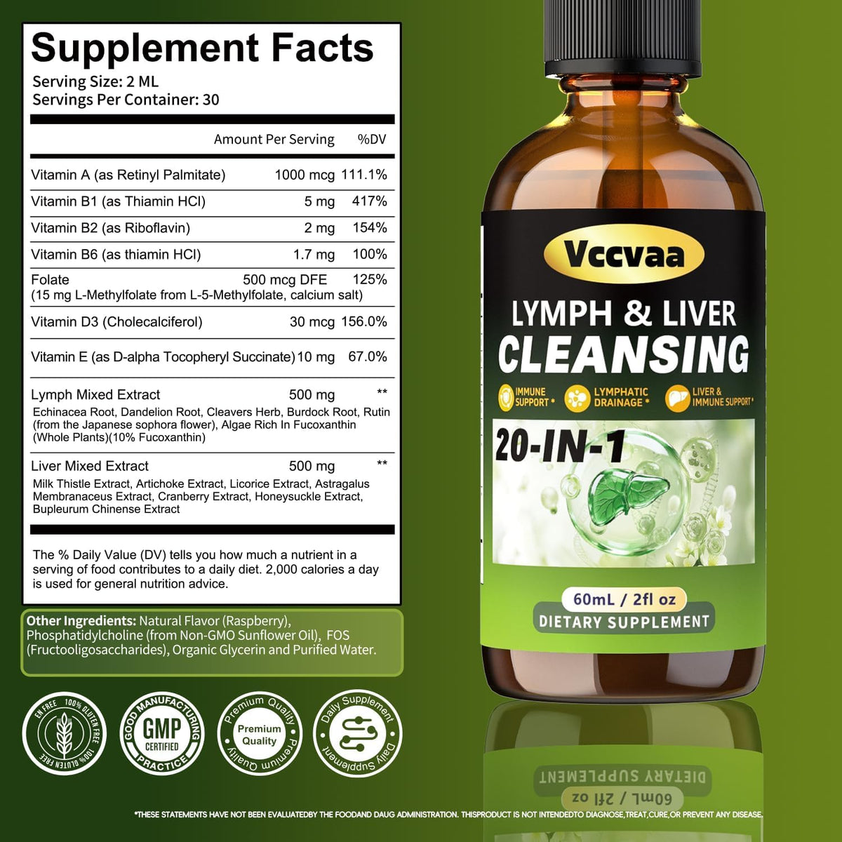 20-in-1 Liposomal Lymphatic Drainage Drops & Liver Cleanse Detox - Fast-Absorbing Lymphatic Support Liquid Drops with Milk Thistle, Dandelion, Burdock & Fucoxanthin, Raspberry, 2 Fl Oz