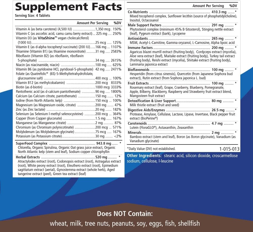 PURE ESSENCE LABS Longevity Multivitamin for Men Over 40 - Super Energetic with Superfoods, Minerals, Enzymes, Vitamin D3, B12, Biotin - 120 Tablets