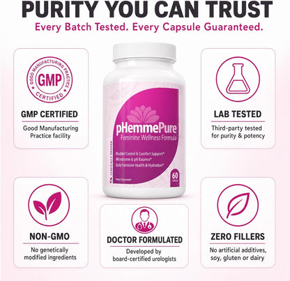 pHemmePure Advanced Feminine Balance Formula with D-Mannose Cranberry Extract Hibiscus & Dandelion - Daily Urinary Tract Support for Women - Promotes Healthy Vaginal pH & Bladder Comfort - 60 Capsules