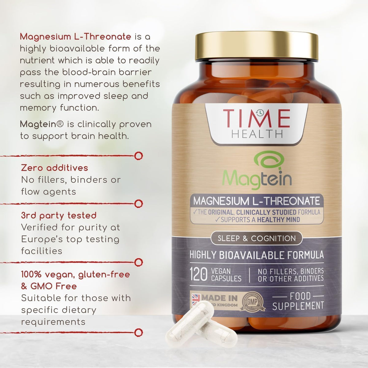 Magtein® Magnesium – 120 Capsules – High Strength 2100mg – Highly Bioavailable