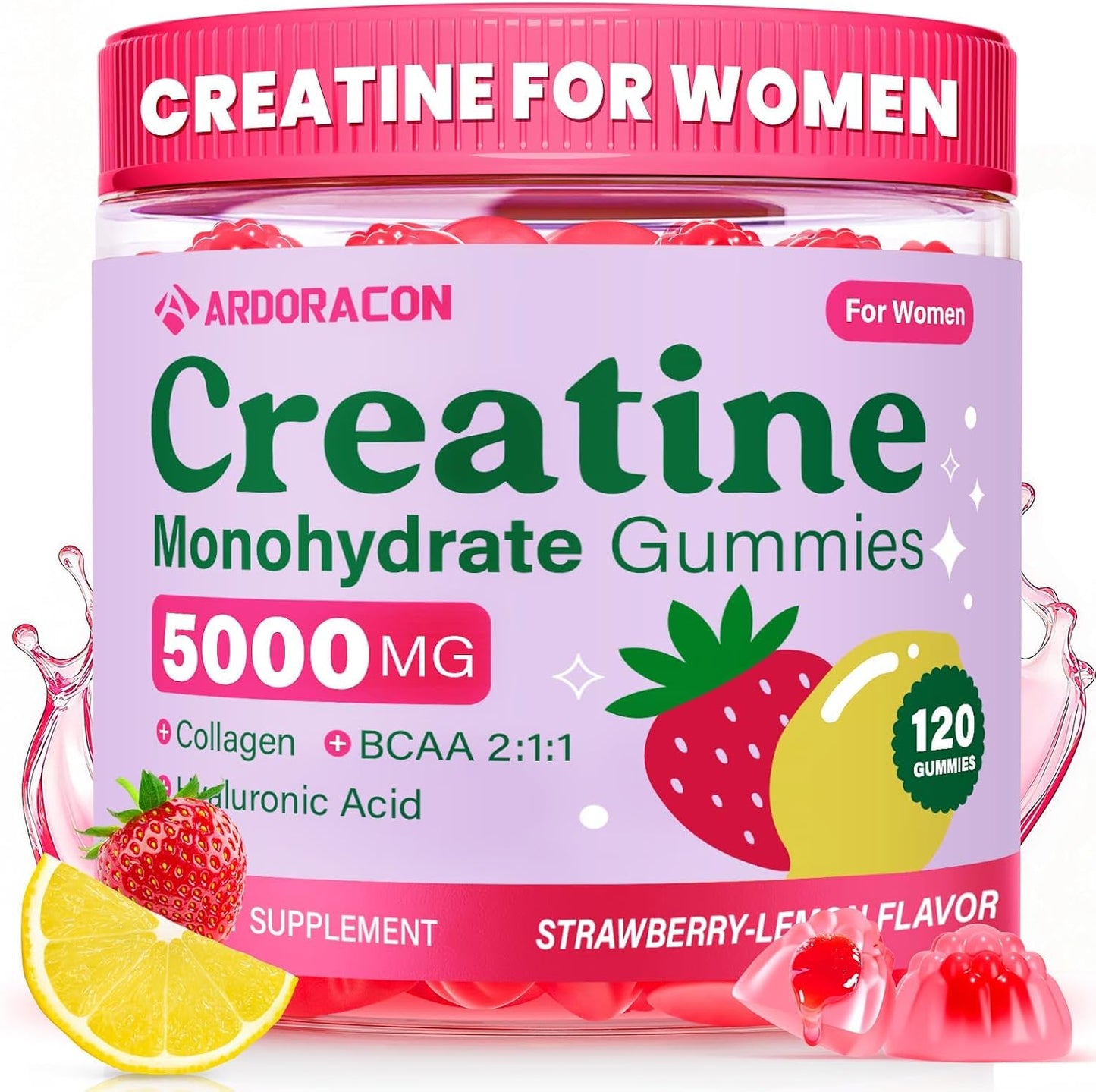 Creatine for Women, Creatine Monohydrate Gummies with Collagen, Vitamin D3 & Calcium for Muscle Support & Energy, Flavored Sugar Free Creatine Gummies Post & Pre Workout Supplements for Women, 120 Ct