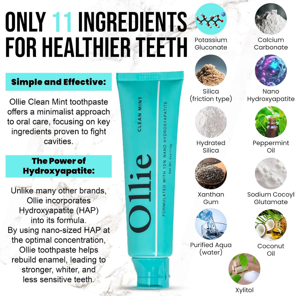 Ollie Clean Mint Nano Hydroxyapatite Toothpaste & Whintening Strips 24 Strips, 12 Treatments for Teeth Whitening