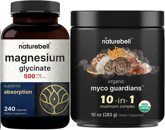 NatureBell Magnesium Glycinate Capsules 500mg & Myco Guardians 10 in 1 Mushroom Powder 10oz Bundle Pack | Chelated & Purified Mineral | Immune Booster & Brain Health Support