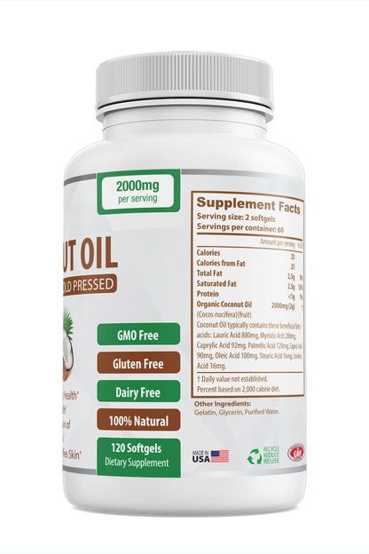 Organic Coconut Oil Capsules 2000mg - 100% Extra Virgin, Cold Pressed for Healthy Skin