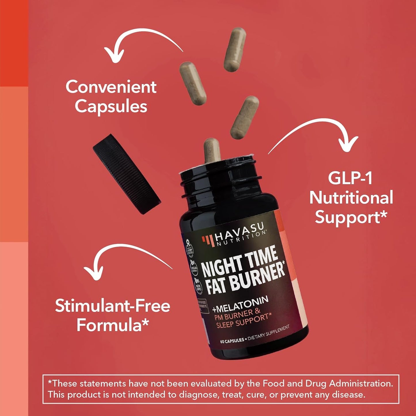 Night Time Fat Burner for Weight Loss Support for Men and Women, 60 Count | Appetite Suppressant and Overnight Metabolism Booster with Melatonin for Sleep Support, Vegan, Gluten Free, 60 Servings
