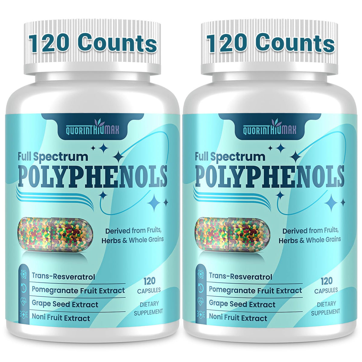 (120 Count) Polyphenols Supplement 1500mg – Over 20 Fruit, Herbal & Cereal Full Spectrum Polyphenol Complex with Resveratrol, Grape Seed & Green Tea – Tri-Color MicroBeadlets – Powerful Antioxidant