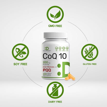 DEAL SUPPLEMENT CoQ10 200mg with PQQ 200mcg, 240 Veggie Capsules | Bioavailable Coenzyme Q10 Complex | Supports Heart, Energy & Brain Health | Antioxidant Support | Non-GMO