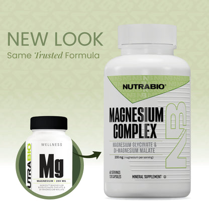 NutraBio Magnesium Complex Supplement, Magnesium Glycinate for Sleep, Biglycinate, D-Magnesium Malate, Muscle & Nerve Support, for Men and Women, 120 Vegetable Capsules