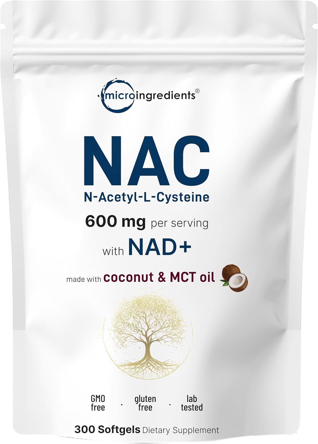 Micro Ingredients NAC Supplement 600mg Per Serving with NAD+ & Coconut Oil, 300 Softgels | 2-in-1 N Acetyl L Cysteine Plus Nicotinamide Forms | NAD Supplements for Women & Men | Non-GMO, Gluten Free