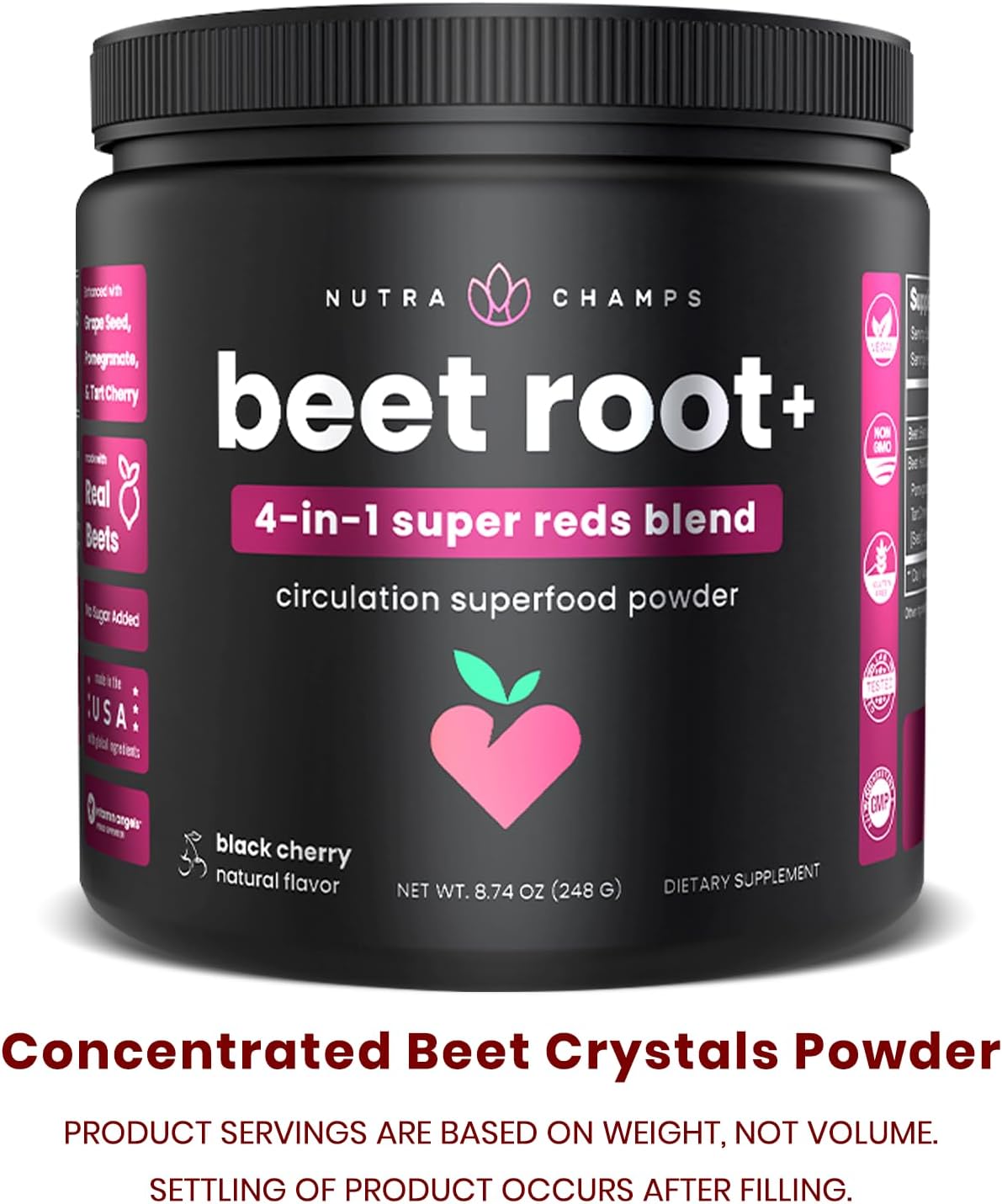 NutraChamps Beet Root Powder Circulation Supplement, Superfood Powder Nitric Oxide with Beetroot Juice, Super Reds & Grape Seed Extract, No Sugar Beet Supplement - 8.74 Oz