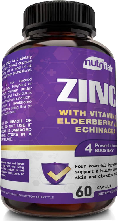 NutriFlair Zinc 50mg - with Vitamin C, Elderberry, Echinacea Purpurea Extract, Zinc Oxide - Compare with picolinate, Citrate, Oxide - Complete Immune Support Formula Pills with 4 Immune Defense