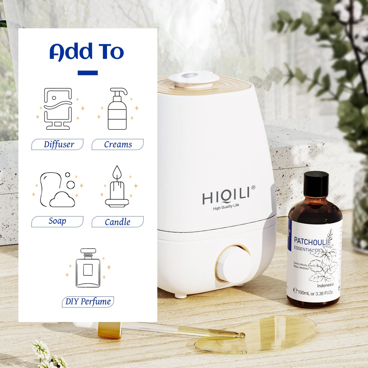 HIQILI Patchouli Essential Oil 100ML, Pure Natural, for Perfume Making, Diffuser and Skin