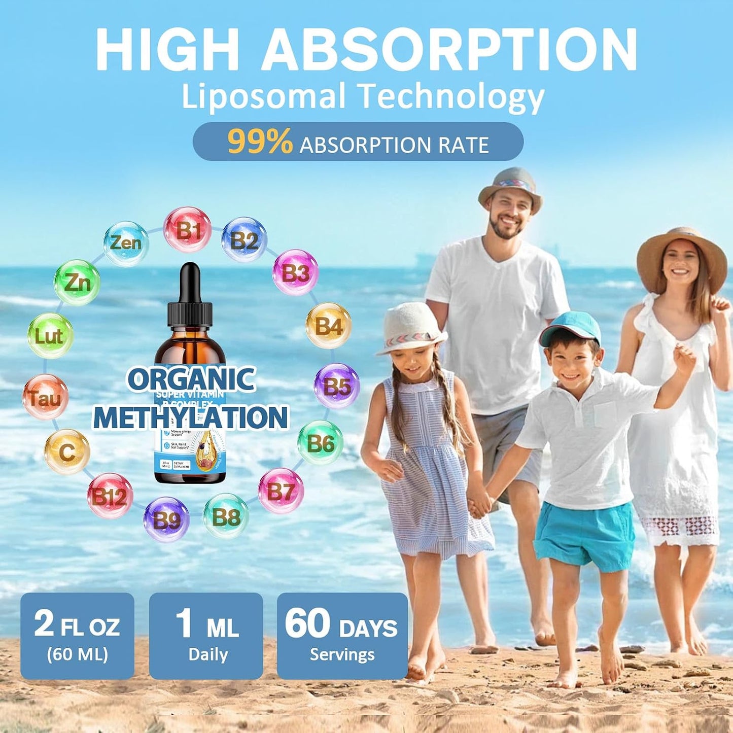 15-in-1 Liposomal Vitamin B Complex Pro Sugar-free B Complex Drops with B1, B2, B3 Niacinamide, Choline, B5, B6, B7 Biotin, Inositol, Folate, B12, Zinc, Lutein, Zeaxanthin, Taurine & Vit. C, 2 fl oz