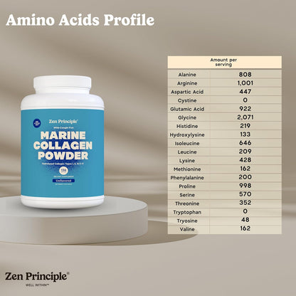 Zen Principle Marine Collagen Peptides Powder 3 lb. Wild-Caught Fish, Non-GMO. Supports Healthy Skin, Hair, Joints and Bones. Hydrolyzed Types I, II, III & IV Protein. Amino Acids. Easy to Mix.
