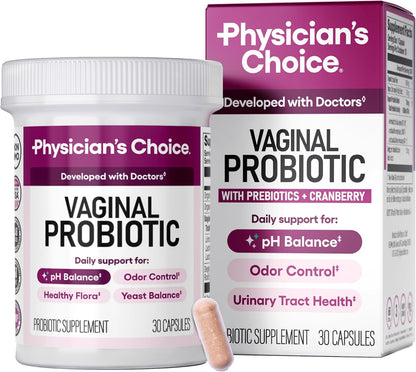 Physician's CHOICE Vaginal Probiotics for Women, pH Balance & Odor, 30ct | Supports Odor Control, Vaginal Flora, Yeast Balance & Feminine Health, 6B CFU, Organic Prebiotics, Cranberry Extract