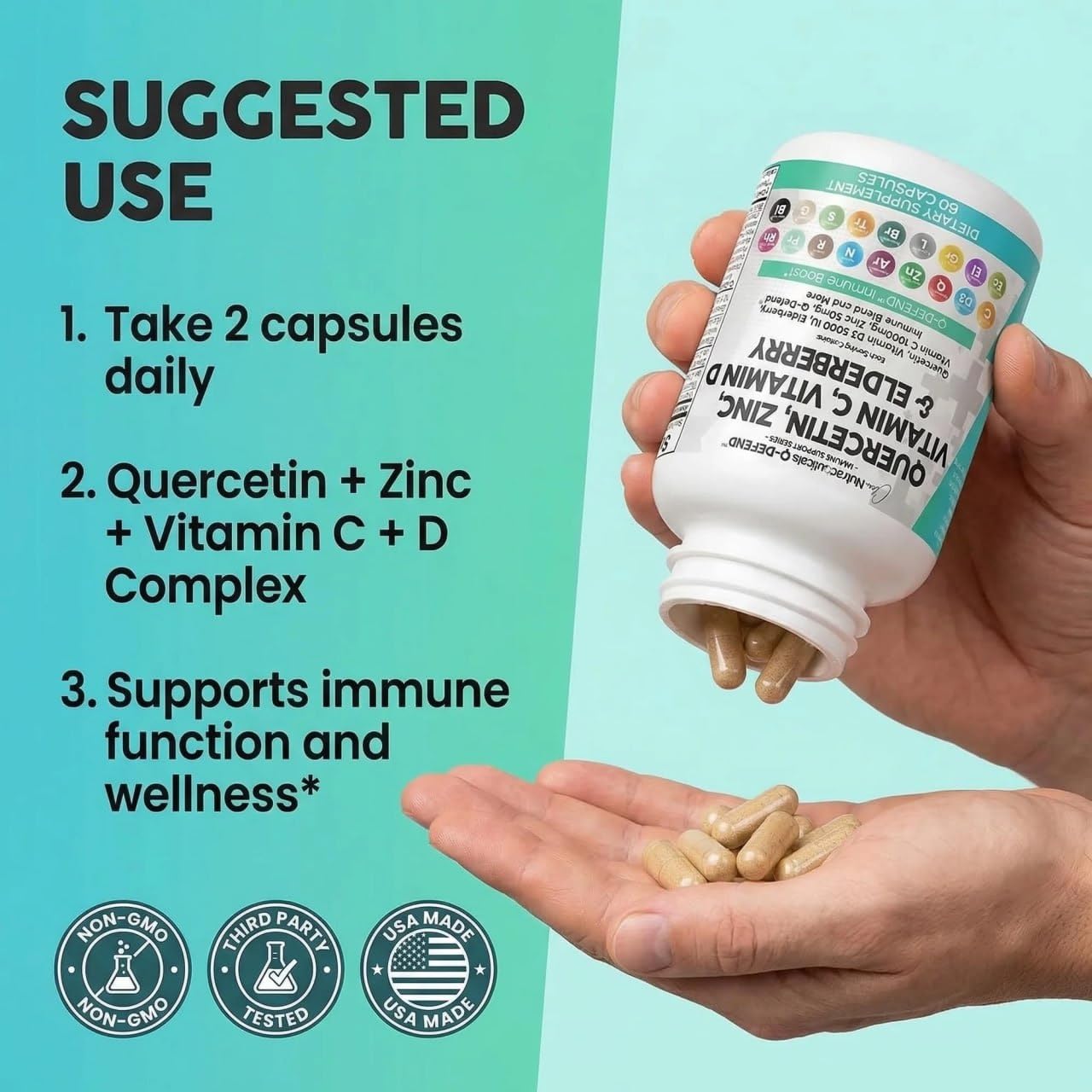 Q Defend Quercetin Supplement with Zinc Vitamin C Vitamin D Elderberry Turmeric Black Pepper Garlic Ginger Sea Moss Lysine Stinging Nettle Reishi Mushroom Immune Support 60 Capsules