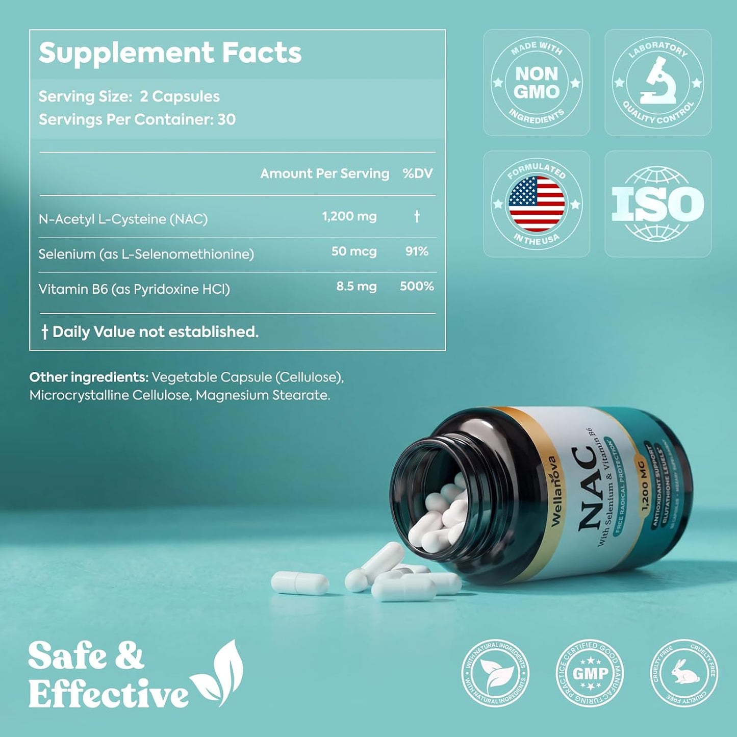 NAC Supplement 1,200 mg – 100% Pure N-Acetyl Cysteine (NAC) with Selenium | Vitamin B6, Antioxidant & Glutathione Support, 60 Capsules