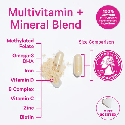 Pink Stork Total Prenatal Vitamins for Women, Clean Label, 60 Count, Mint | Vegan DHA, Methylfolate, Iron, Choline, Vitamin B12 - Preconception Nutrition - No Fishy Burps - Pregnancy Essentials
