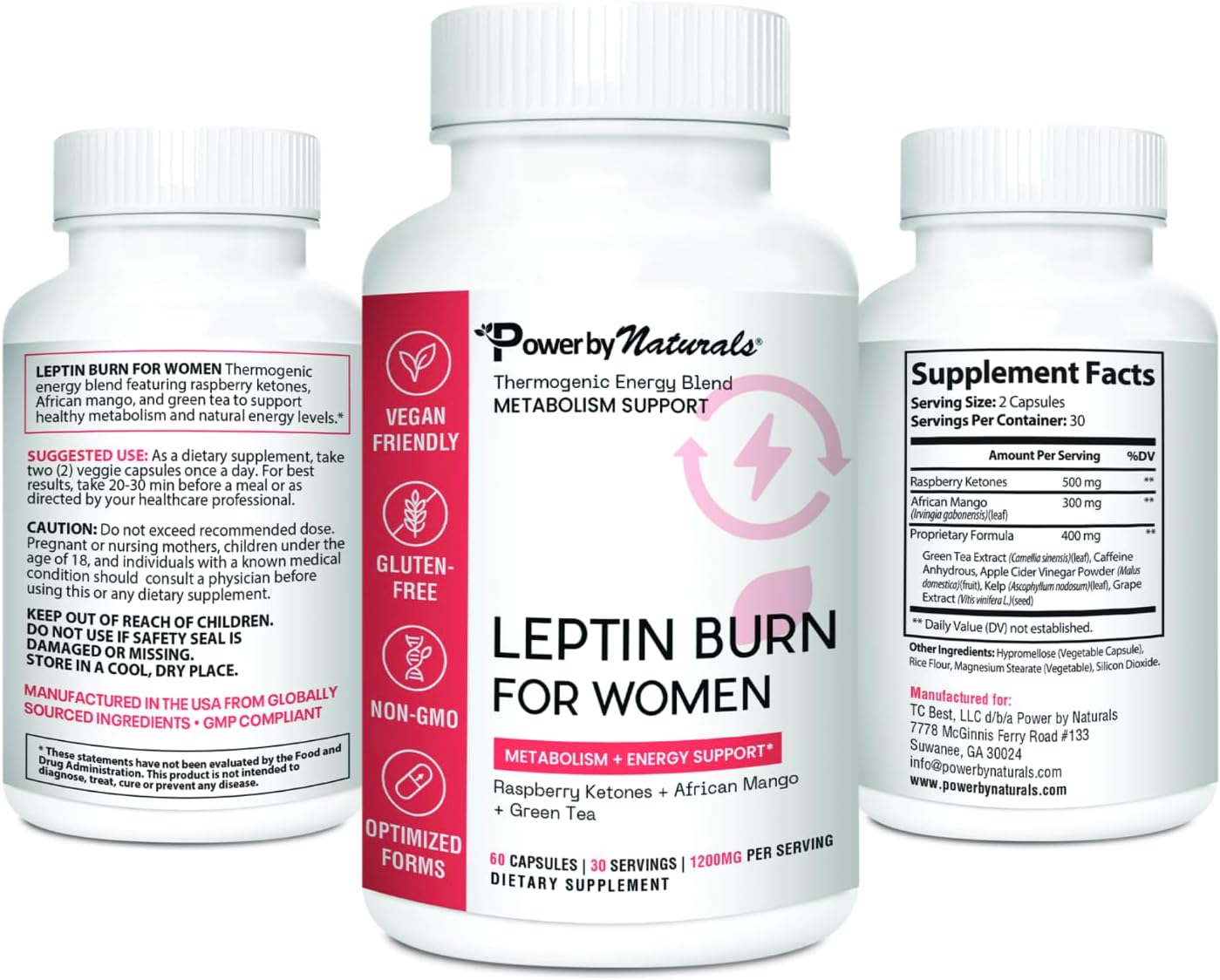 Power By Naturals LeptinBurn for Women – Weight Management Support with Green Coffee Bean, Garcinia & Green Tea Extract – Gluten-Free, Non-GMO, Vegan – 60 Capsules (1-Month Supply)