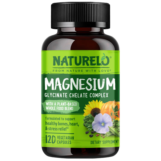 NATURELO Magnesium Glycinate Chelate Complex - 200 mg Magnesium with Organic Vegetables to Support Sleep, Calm, Muscle Cramp & Stress Relief - Gluten Free, Non GMO - 120 Capsules