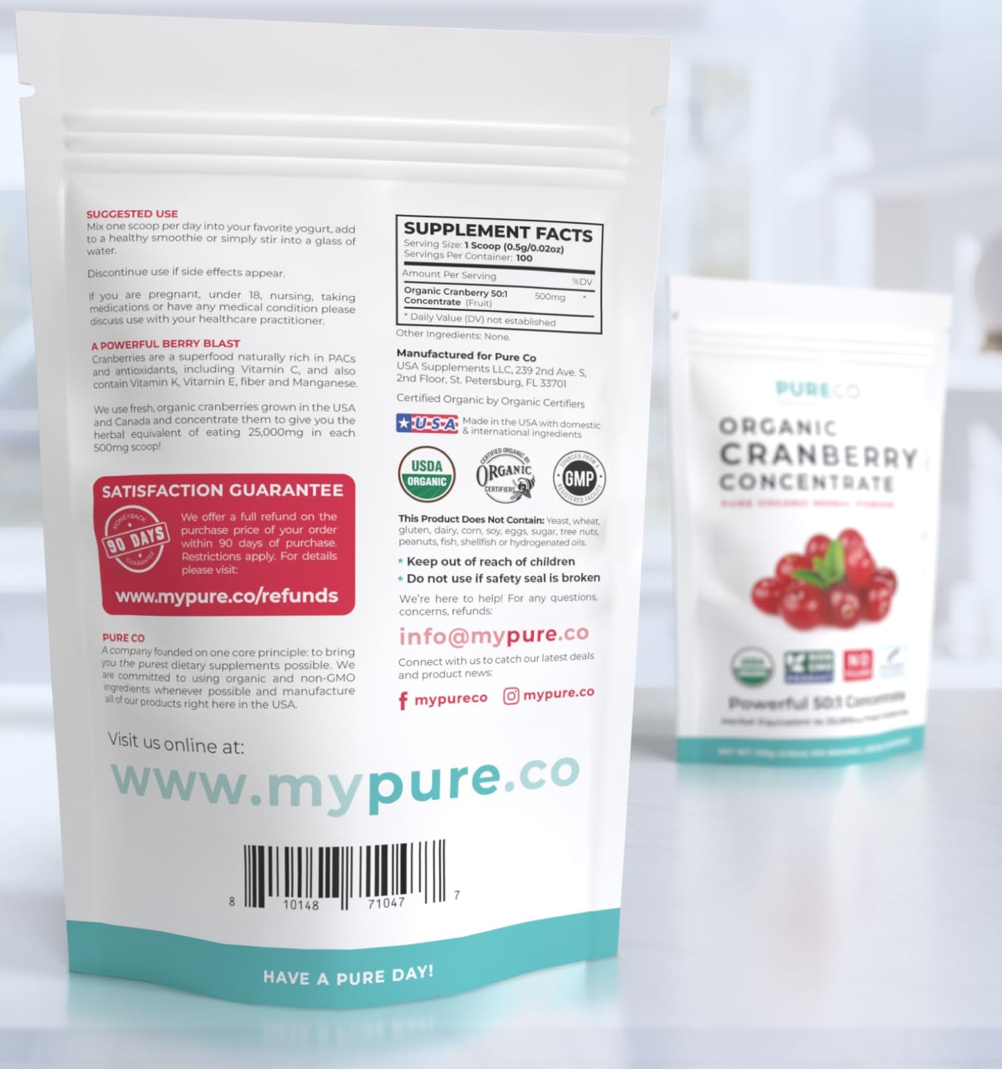 PURE CO USDA Organic Cranberry Concentrate Powder - Organic Cranberry Powder 500mg 50:1 Extract Per 1 Scoop Serving - Kidney Cleanse & Urinary Tract Support for Women - 100 Servings