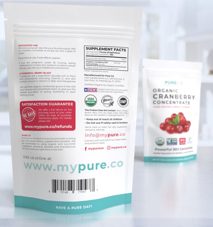 PURE CO USDA Organic Cranberry Concentrate Powder - Organic Cranberry Powder 500mg 50:1 Extract Per 1 Scoop Serving - Kidney Cleanse & Urinary Tract Support for Women - 100 Servings