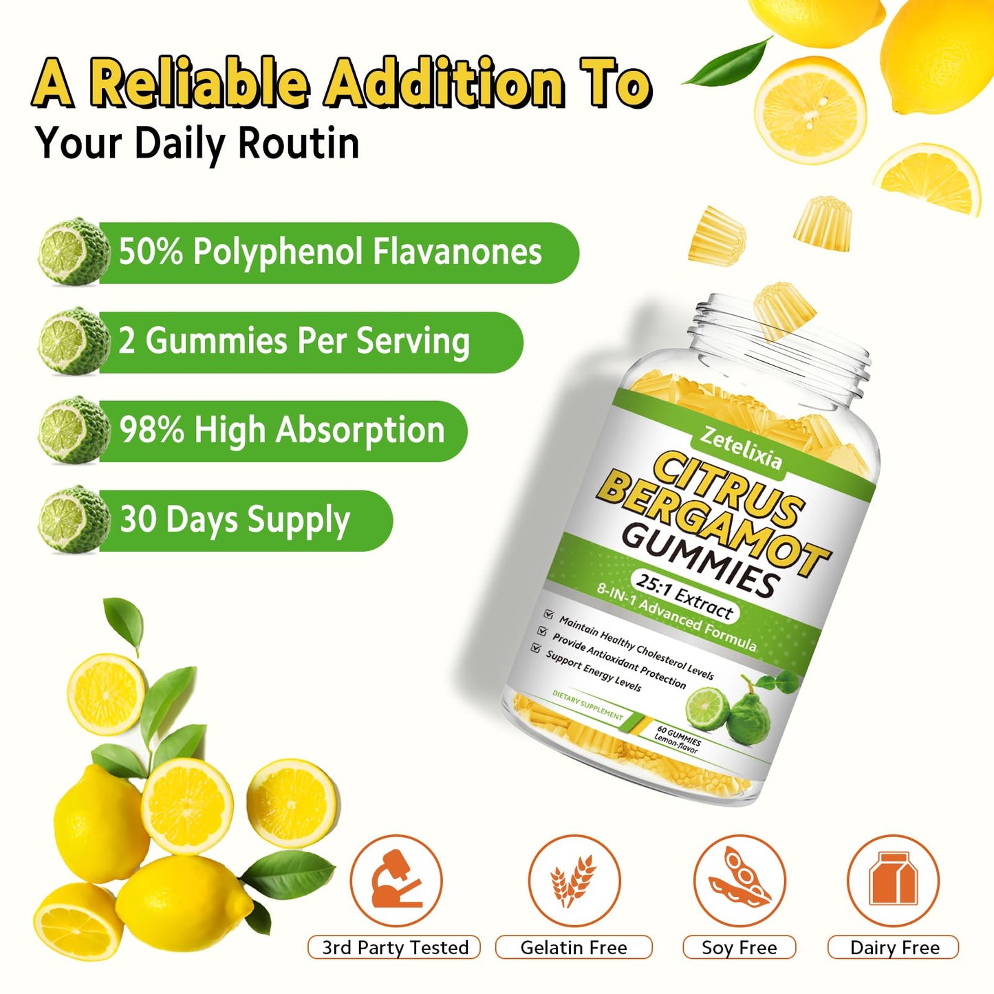 2 Pack Citrus Bergamot Gummies, Citrus Bergamot Supplement for High Cholesterol, Cholesterol Lowering Supplement for Heart, Immune System & Healthy Aging Support, Sugar Free, Lemon Flavor, 120 Cts