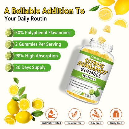 2 Pack Citrus Bergamot Gummies, Citrus Bergamot Supplement for High Cholesterol, Cholesterol Lowering Supplement for Heart, Immune System & Healthy Aging Support, Sugar Free, Lemon Flavor, 120 Cts