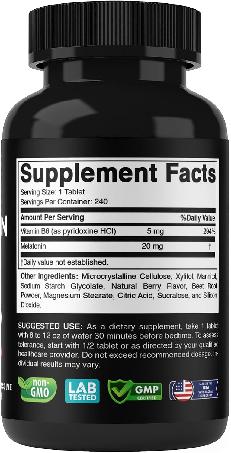 Vitabod Melatonin 20 mg Fast Dissolve Tablets with Vitamin B6, 240 Ct | Natural Berry Flavor, Sleep Support*, Non-GMO, Gluten Free, Made in USA