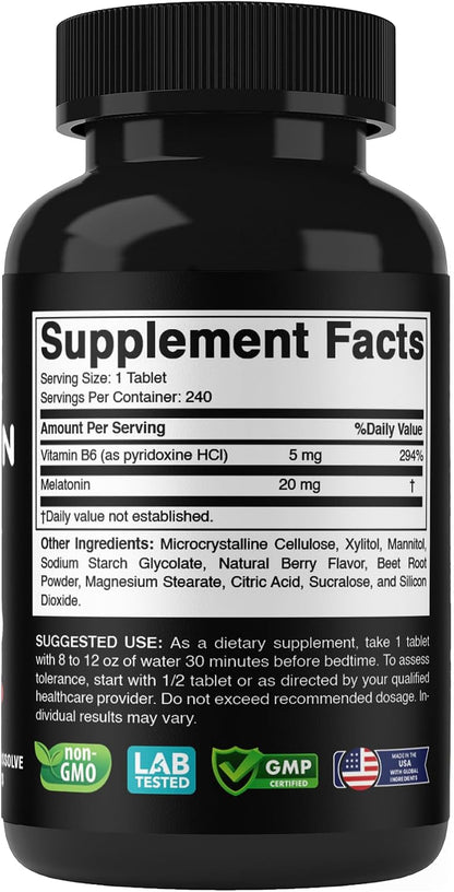 Vitabod Melatonin 20 mg Fast Dissolve Tablets with Vitamin B6, 240 Ct | Natural Berry Flavor, Sleep Support*, Non-GMO, Gluten Free, Made in USA